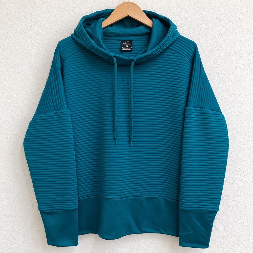 Nike Dri-FIT XL Ribbed Funnel Neck Hoodie Sweatshirt Teal Blue Swoosh Logo Women